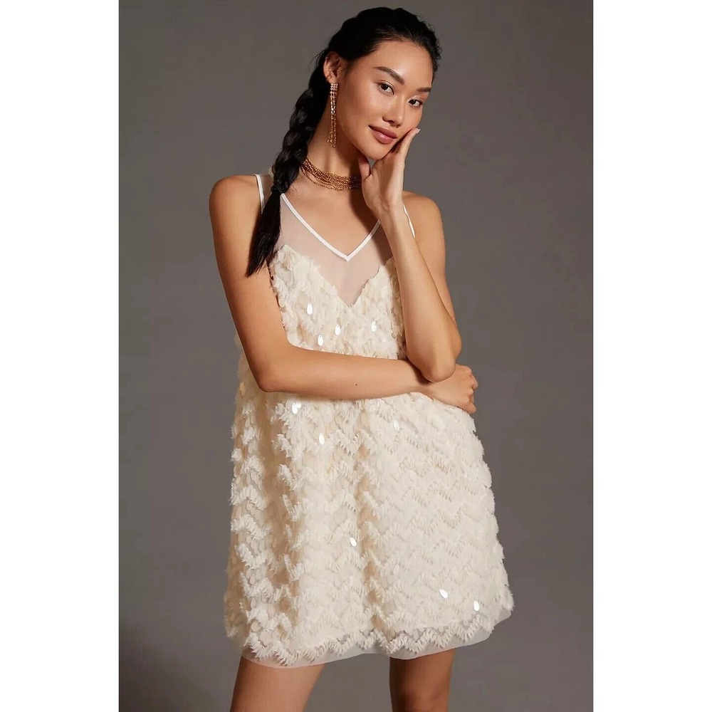 Anthropologie Maeve Cream Textured Sequin Paillettes Mini Dress Med- NEW